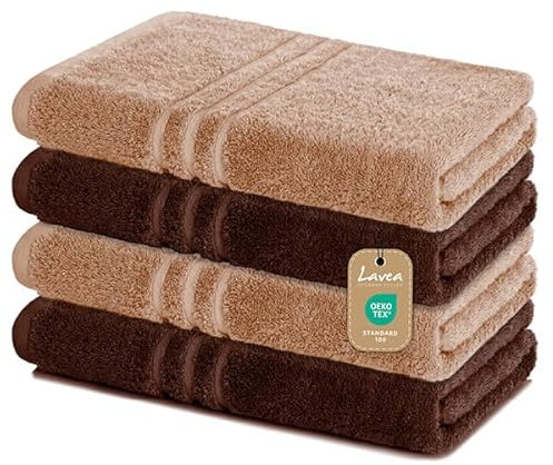 Lavea Duschtücher 4er Set – 70x140 cm – 100% Baumwolle – Weiche & Saugfähige Frottee Handtücher – 500 g/m² – Einfarbig & Zweifarbig – ÖKO-TEX Zertifiziert – Waschbar bis 60°C - Cappucino & Kaffeebraun