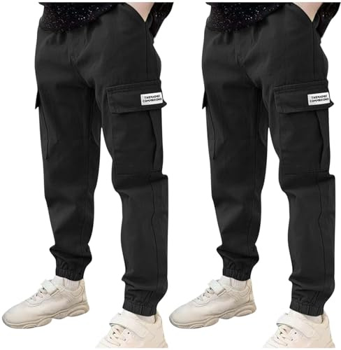 duxyoz Lot de 2 pantalons cargo pour garçon avec poches multiples, pantalons de survêtement élastiques avec taille élastique, pantalons de sport durables en coton décontracté de couleur unie