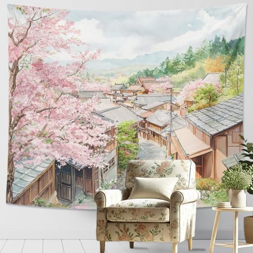 Tapisserie murale à motif de fleurs de cerisier et pêche, paysage japonais à suspendre au mur, tapisserie esthétique printanière pour salon, chambre à coucher, dortoir, 203 x 152,4 cm