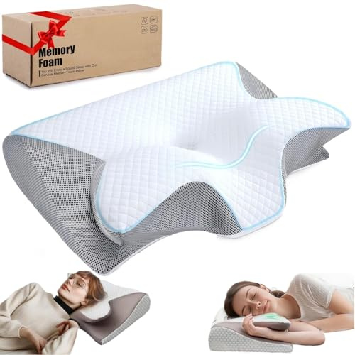 Purova Almohada Cervicales y Cuello, Almohada con Memoria Viscoelástica de Rebote Lento, Almohada Ortopedica, Almohada Cervical Ergonómica para Dormir de Lado y Boca Arriba. (Gris)