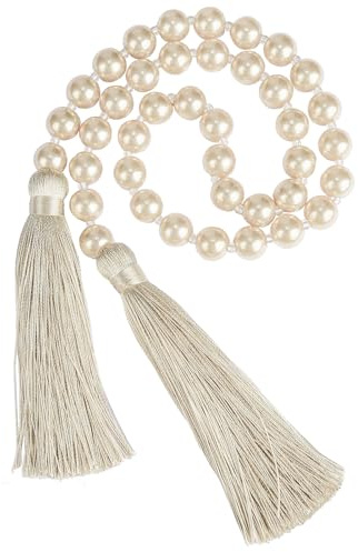 Fenghuangwu 34 Inch Pearl Glass Bead Garland with Tassels - Elegant Boho Table Decor, Fringe Wall Hanging for Wedding, Party, Farmhouse Rustic Prayer Bead Home Decoration(1 Pack,Off White)