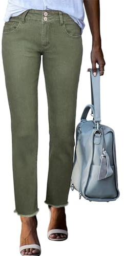 Sidefeel Women's Green Denim Pants High Waisted Summer Straight Leg Raw Hem Jeans Size 14