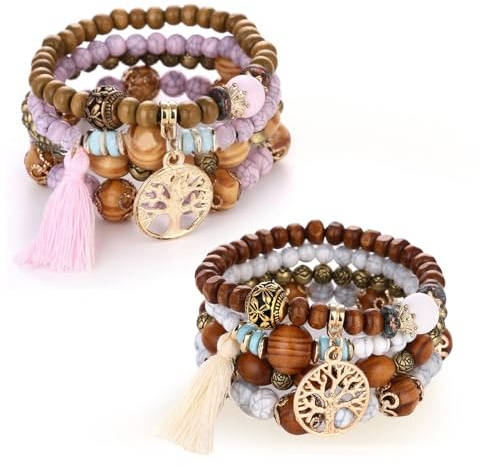 Sikweny 2 Piezas Pulsera Personalizada Mujer Bracelet Conjunto Bohemio Pulseras de Chakra Braccialetti da Donna Con Albero Della Vita Cuentas Madera Boho Surfer Para Mujer y Hombre (Rosa, Beige)