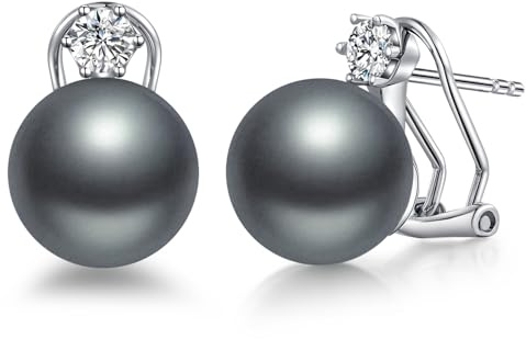 Orecchini Perle Argento Sterling 925 Orecchini a Bottone con Perle per Donna Perla Zirconi Gioielli Regali Perla Ggrigio Scuro 13 mm