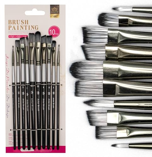 Set di Pennelli per Dipingere – 10 Pennelli Professionali per Acrilico, Olio e Acquerello – Setole Morbide, Impugnatura Ergonomica, Ideali per Dettagli e Sfumature