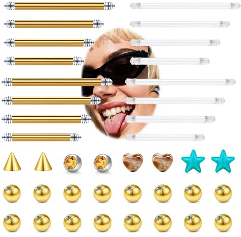 VFUN 40 stycken 14 g bröstvårtspiercing tungpiercing rostfritt stål raka barbells piercing smycken kort lång stav silver guld bropiercing för kvinnor män 12 mm 14 mm 16 mm 18 mm längd