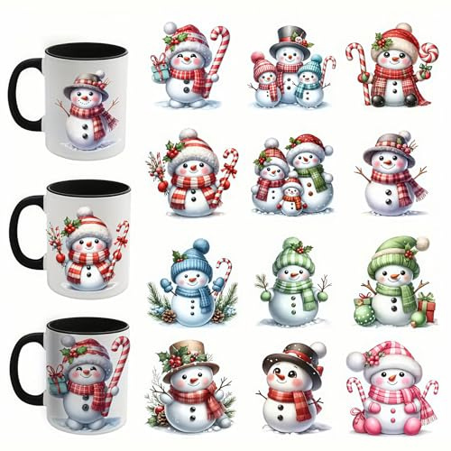 12pcs Christmas Winter Snowman Tree UV DTF Cup Wraps Transfer Waterproof Sticker for Glass Cups Furniture Craft DIY Crafts，Rub on Transfer Stickers for DIY Water Bottle Laptop Decal Wood Car