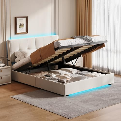 BAJKNIU Cama acolchada de 160 x 200 cm, cama de matrimonio con almacenamiento hidráulico, antipolvo hidráulico, cama doble LED con cabecero y somier de láminas, (beige, 160 x 200 cm)