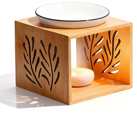 GOMETY Lampada profumata Tealight in ceramica di bambù, lampada aromatica con ciotola rimovibile, bruciatore a olio per oli essenziali e cera profumata, lampada decorativa per casa, ufficio, spa e