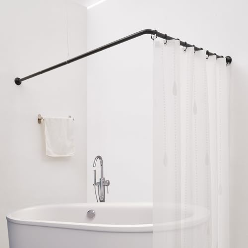 Crkmire Asta per tenda da doccia, a forma di L, 88 x 88 cm, asta angolare in acciaio, nero opaco, con supporto a soffitto e 12 ganci (kit di montaggio incluso)