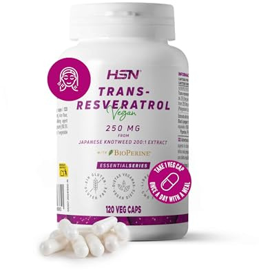 HSN Resveratrol 250mg + BioPerine® | 120 Cápsulas Vegetales | Puro Trans-Resveratrol de Fallopia japonica 200x Veces Más Concentrado | No-GMO, Vegano, Sin Gluten