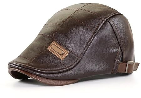 Uomini Moda Retro Cuoio dell'unità di Elaborazione Berretto Cappelli Autunno Inverno Caldo Cappello da Uomo Mezza età Visiera Calda con Piatto Regolabile(Style-1 Dark Brown)