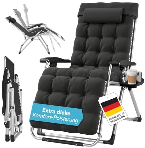 STEELSØN Lysira Gartenliege Zero Gravity Liegestuhl – klappbare Sonnenliege – Relaxliege wetterfest – Campingliege mit Polsterauflage in Schwarz – Silber Metallgestell – mit Getränkehalter, bis 200 kg