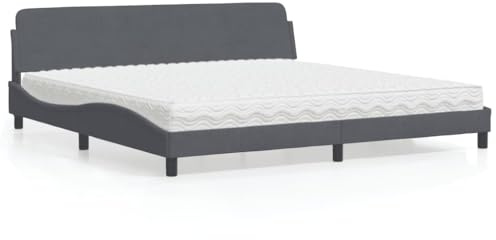 sephironlbb Dover säng med madrass, 200 x 200 cm, mörkgrå sammet, vågdesign, H2/H3, vändmadrass, furu, Queen size, sängram