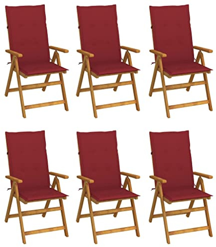 LoogCape Fällbara trädgårdsstolar, 6 st. med kuddar, massivt akaciaträ, justerbara, vikbara, för terrass, balkong, sittkomfort med stoppning, kudde, väderbeständig, stapelbar relaxstol