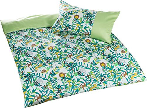 Bettwaesche-mit-Stil Mako Satin Kinderbettwäsche Dschungel Faultier AFFE Löwe (Grün, 100x135 + 40x60 cm) 100% Baumwolle