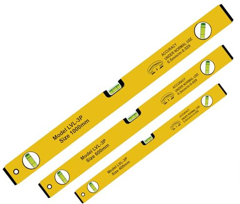 3 Pcs Spirit Level Set, High Accuracy Professional Lightweight Magnetic 400mm, 600mm & 1000mm DIY Builder Set, Strong Aluminum Body with Black Plastic End Caps.