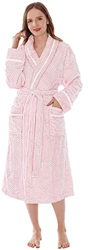 PAVILIA Women Plush Fleece Robe, Light Pink Soft Textured Bathrobe, Lady Cozy Spa Long Robe, Fuzzy Satin Waffle Trim, S/M