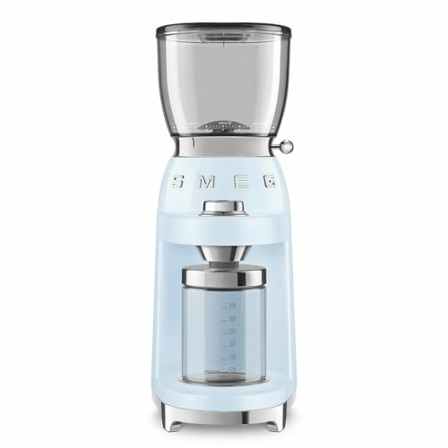 Smeg, Moulin à Café CGF11PBEU, Niveau de Mouture Réglable, 30 niveaux, Réservoir Grains de 350 g, Quantité de Mouture Réglable, avec Système Antistatique, 150 W, Bleu Azur