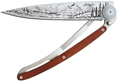 deejo - Couteau de Poche Pliant 37g avec Clip Ceinture - Manche en Corail, Lame en Acier Inoxydable Z40C13 - Motif Montagne - Couteau de Table, Randonnée, Camping, Bivouac