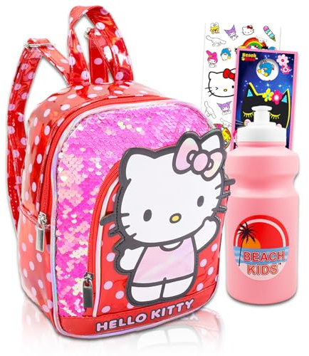 Hello Kitty 10 Sequined Mini Backpack Set - Bundle with Water Bottle, Stickers; Perfect for Girls & Adults; Officially Licensed; Pink