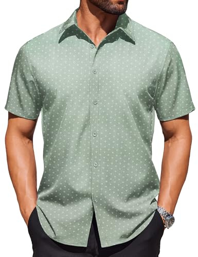COOFANDY Business Casual Shirts for Men Short Sleeve No Tuck Shirt Office Polka Dot Print Dress Shirt Light Green