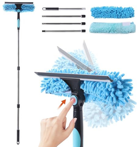 CLEANHOME Window Cleaning Equipment,2-in-1 Squeegee & Cleaning Cloths for high windows, ceilings, car windows cleaning, Segmented Threaded Irons - Adjustable up to 64.96in, 180° Swivelling Panel
