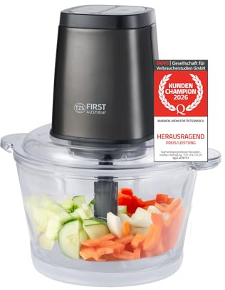 TZS First Austria Tritatutto | Contenitore in vetro da 1,7 L | 500 W | 2 velocità | Tritatutto multiplo | Fondo antiscivolo | Acciaio inossidabile