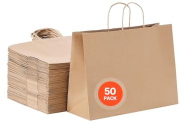 VEVOR Sac Papier Kraft, Lot de 50, Sac Cadeau avec Poignées, 406 x 152 x 308 mm, Grands Sacs d'Épicerie Réutilisables, Emballage de Courses, pour Anniversaires, Mariages, Shopping, Cadeaux, Marron