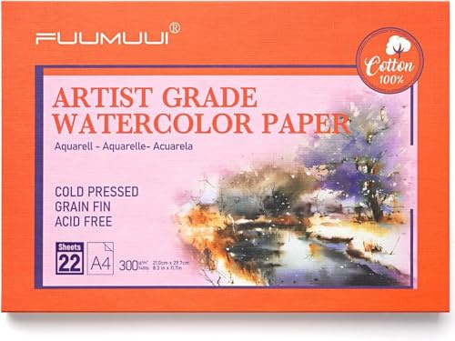 Fuumuui 100% Cotton Watercolour Paper- Upgraded Version, 22 Sheets A4 Cold Pressed Watercolour Paper Block - 140LB/300GSM Art Paper for Watercolour Gouache Ink