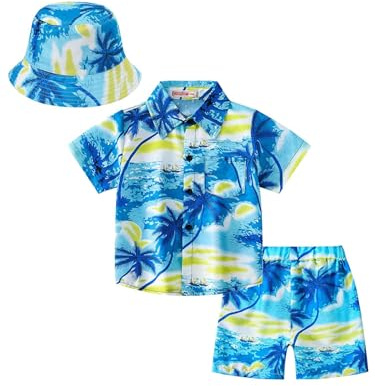 Sinleey Ragazzo Hawaii Camicia Hawaii Pantaloncini Set Abbigliamento Estivo Per Bambini 3 Pezzi Maglietta A Maniche Corte Pantaloncini E Cappello Da Pescatore Outfit Blu 11-12 anni