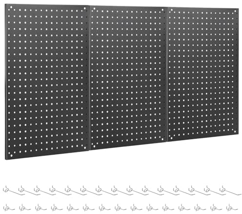 ENJOYWOOD Pannello forato, 3 pezzi, 61 x 40,6 cm, pannelli in metallo nero modulare da parete con 30 ganci, design a doppio foro per riporre attrezzi domestici, organizzazione garage, cucina, ufficio