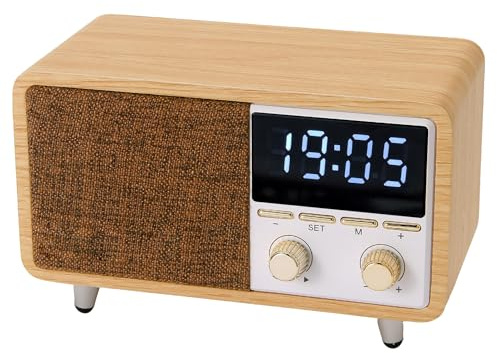 Retro Bluetooth Speaker Clock Radio with Fabric Grille&Wood Finish,Vintage FM Radio with Dual Alarm,Dimmable LED Display for Bedroom Nightstand,Office Desk,Loud Sound,Rechargeable,Knob Control ,TF&AUX