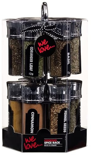 Cooking Spice Rack 12pk - An Essential Purchase For Any Keen Cook - Spice Up Your Meals To Give Them An Extra Special Taste - Includes: Chilli Flakes, Basil, Cinnamon, Rosemary, Fennel Seeds, Parsley