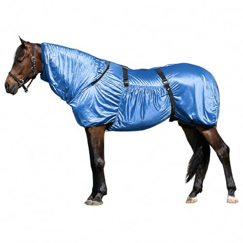 Brama-West 105 - Manta para eccema para caballos con cuello, manta transpirable para moscas y manta de verano para eccema de verano, protector de cola y correas elásticas para las piernas, color azul