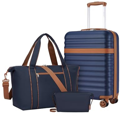 Kono Juego de Maletas con Maleta Cabina Rígida 55x40x20, Azul | ABS+PC, Ruedas TPE, Bolsa con Correa Ajustable y Hebilla, Neceser, Unisex