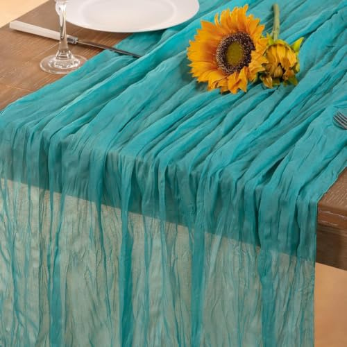 Uppsättning av 6 bordslöpare bomull boho grädde 43 x 274 cm (påfågelblå) | Tillverkad av högkvalitativ polyester, skrynkelfritt utseende, fållade kanter, slitstarka, lätt att rengöra