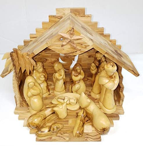 Scolpito da Betlemme in legno di ulivo di Natale Presepe Set con Stalla di Leone di Giuda (11 Stalla musicale con 12,7 cm figure senza volto)