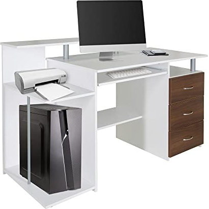 hjh OFFICE 830061 Escritorio con cajones y Bandeja para Teclado WORKSPACE H IV 137 x 60 cm, Mesa Ordenador, Blanco/Nogal