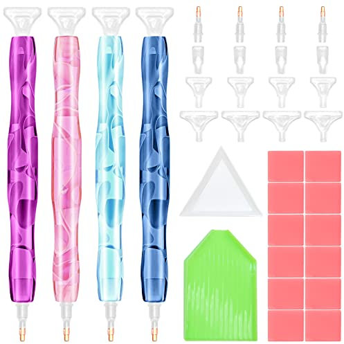 SPOKKI 4 Stück Diamond Painting Stift, Kunstharz Diamant-Malstift mit 12 Stück Ton 2 Trays und 16 Ersatz-Tipps, 5D Diamant Malerei Zubehör Werkzeuge für Diamant Malerei DIY Nagelkunst