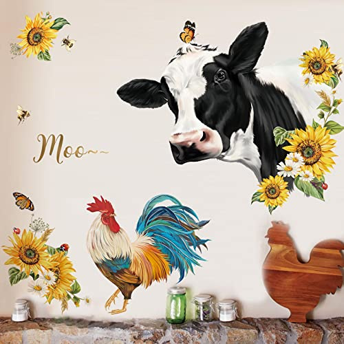 decalmile Stickers Muraux Animaux de la Ferme Vache Autocollant Mural Tournesols Fleur Décoration Murale Chambre Salon Fenetre