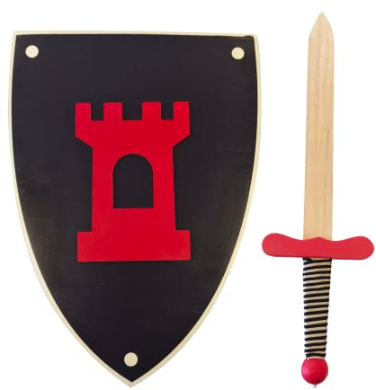Épée et Bouclier de Chevalier en Bois faits à la main - Jouet pour Enfants, Garçons et Filles - Compliment pour jeux, jeux d'imitation, déguisement, médiéval, guerrier, soirée à thème (Noir, 38 cm)