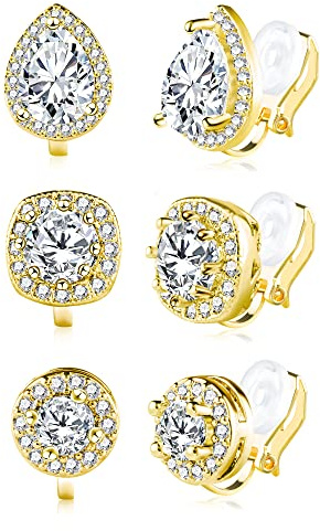 ALEXCRAFT 14k Gold Plated Cubic Zirconia Clip On Earrings - 3 Pairs Halo Design for Non Pierced Ears