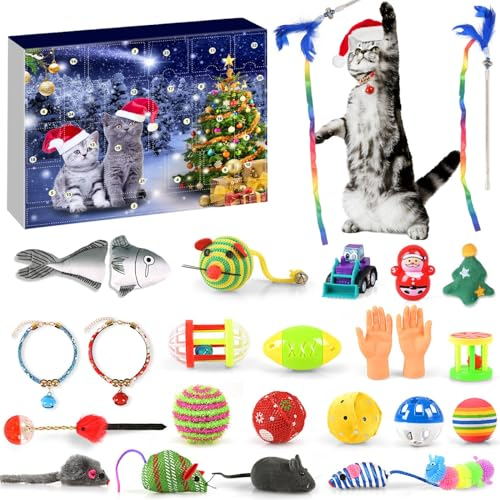 iZoeL Adventskalender für Katzen Katzenspielzeug 2024 Weihnachtskalender 24 Katzenkalener Spielzeuge Katzenhalsband Spielzeugmäuse Weihnachten Geschenk Katzenliebhaber Wiederverwendbar