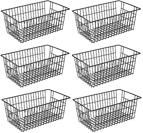 Redrubbit Wire Storage Baskets, Large Farmhouse Metal Freezer Basket Storage Organizer Bins with Handles for Kitchen Cabinets, Pantry, Closets, Bedrooms, Bathrooms, Set of 6, Black