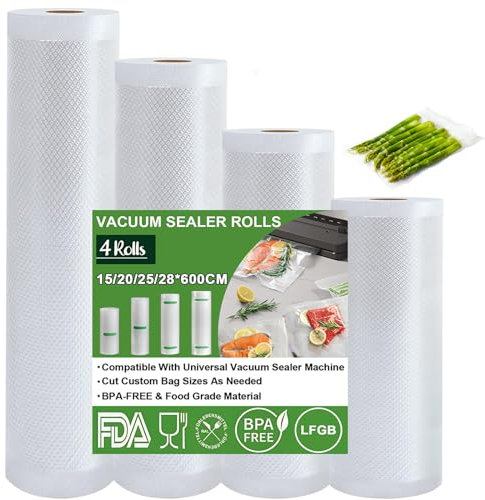 Omtofo Sacchetti Sottovuoto Alimenti, 15/20/25/28x600cm, 4 Rotoli, Buste Sottovuoto Alimenti Senza BPA, 190 µm, Rotolo Sottovuoto Alimenti Per Macchina Sottovuoto e Cottura Sous Vide