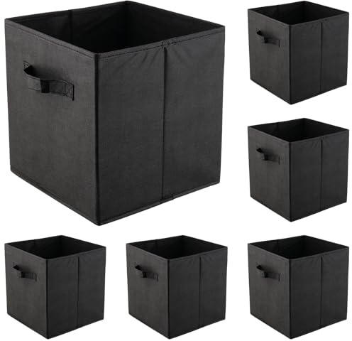 DAKFOOK Confezione da 6 cubi portaoggetti pieghevoli neri, 27 x 27 x 28 cm, in tessuto, con manico, scatole portaoggetti quadrate in cartone per scaffali