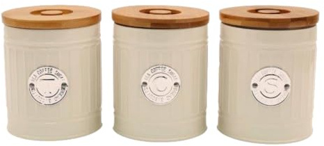 Sifcon International plc 3 x retro vintage klassiska emaljartiklar k�ksbeh�llare � runt te/kaffe/sockerburk/f�rvaringsburkar med tr�lock � kr�m/silver � 14 cm