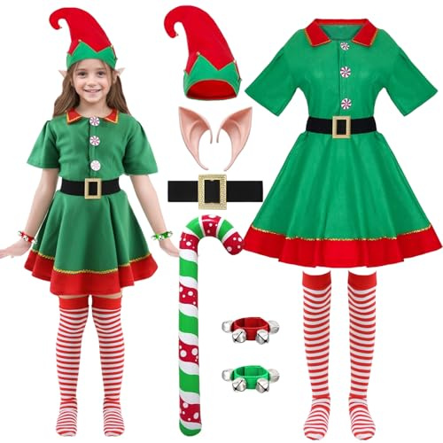 HarnyLoom Disfraz Elfo Niño Niña Disfraz de Elfo Navidad Hombre Mujer Adultos Disfraz Papa Noel Elfo Orejas Gorro de Elfo Calcetines Santa Claus Outfit Fiesta Cosplay (Niña, 120)
