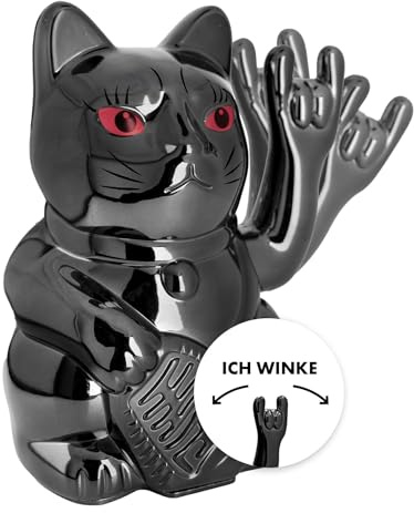ANGRY CAT - Gato de la suerte - Rocky - Rock- Japanese Winkkatze rockt - Figura de gato anguloso - Brazo anguloso con símbolo de metal pesado - 15 cm, negro brillante